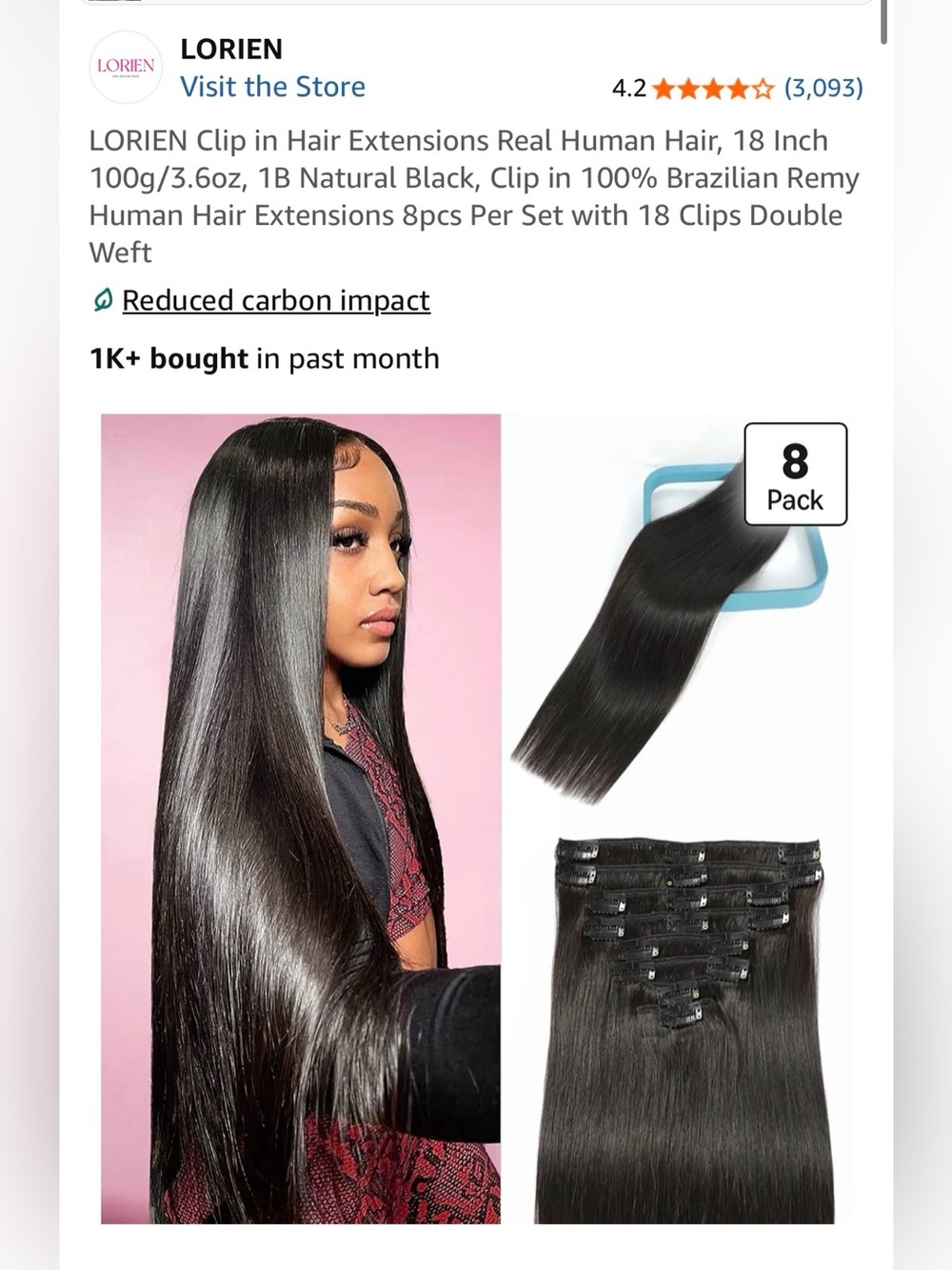 NWT Lorien Clip-In Human Hair Extensions Real Human Hair 8 Pack Color: 1B
